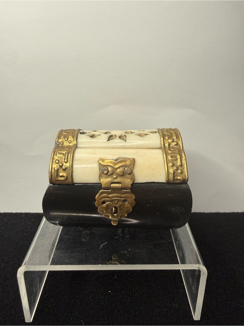 Antique Bone & Brass Velvet Lined Trinket Box